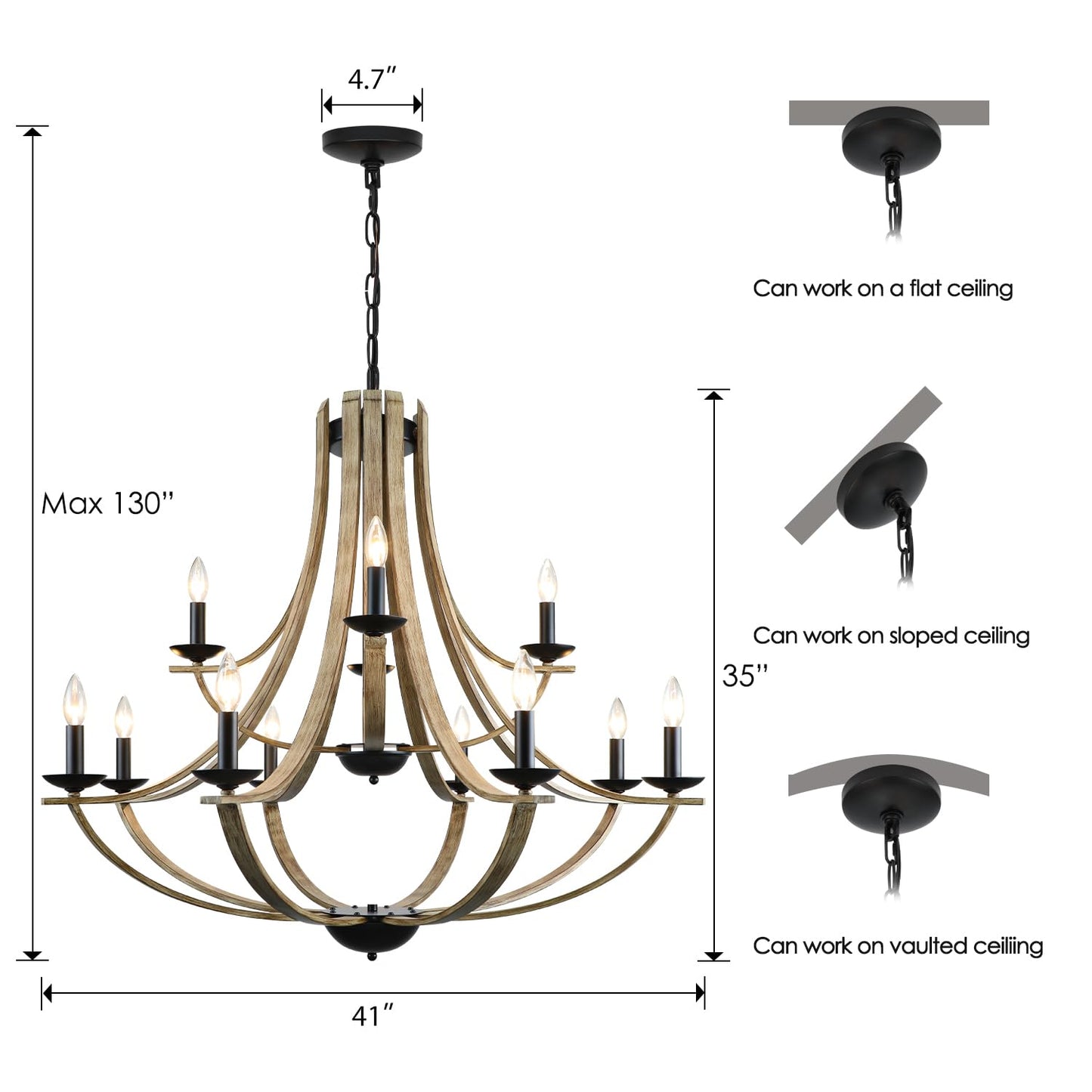 LAMPKEDUO Farmhouse Chandeliers for Dining Room Light Fixture, 2 Tier 12-Light 41" Adjustable Height Retro Faux Wood Texture Rustic Light Fixtures for Living Room Bedroom Kitchen Island Foyer Entryway