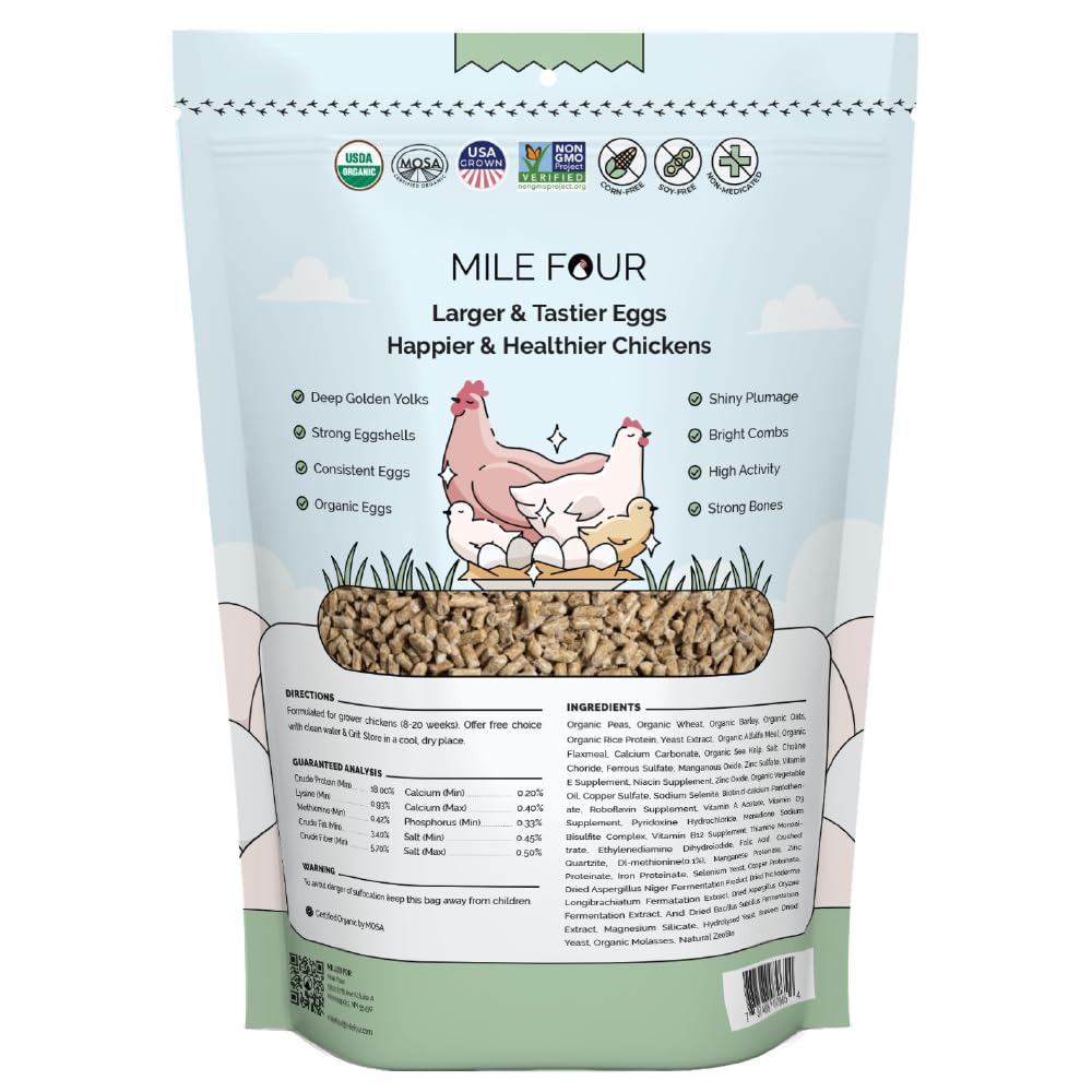 Mile Four Organic Chicken Feed – Grower Pellet, Non-GMO, USA Grown, 18% Protein, Corn-Free, Soy-Free, Non-Medicated Feed for Chickens, 2 lb Sample