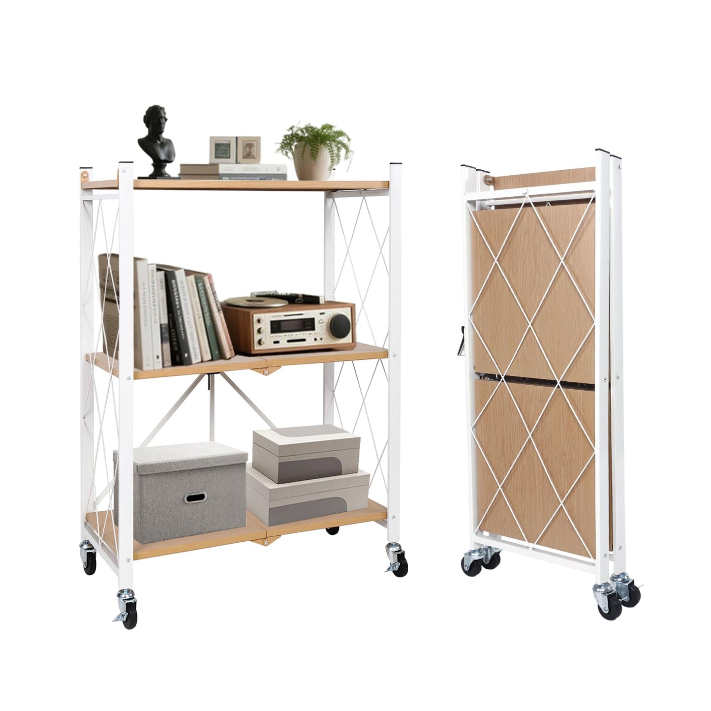 BAOYOUNI 3-Tier Vintage Industrial Bookshelf - No Assembly Folding Storage Shelf with Woodgrain Finish | Collapsible Metal Bookcase for Living Room, Office & Bedroom