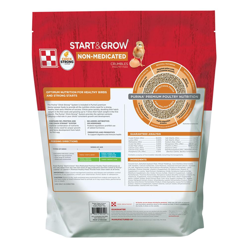 Purina Start and Grow | Non-Medicated Chick Feed Crumbles | Nutritionally Complete - 5 Pound (5 lb) Bag