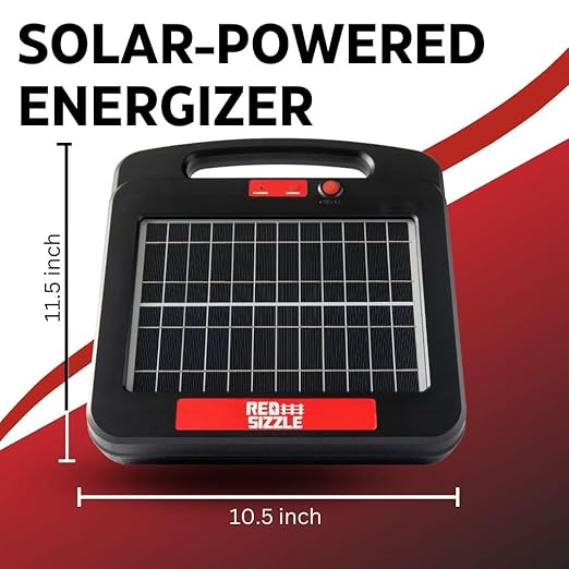 Solar Electric Fence Charger for Day and Night Power | Red Sizzle 1S | 0.25 Joule | Portable Solar Energizer for Livestock, Keep Out Predators