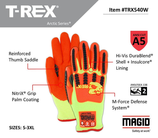 MAGID T-REX Arctic Series ANSI A5 Cut-Resistance, Thermal Impact Gloves, 24 Pairs, Waterproof, Hi-Viz Yellow/Orange, Size 10/XL