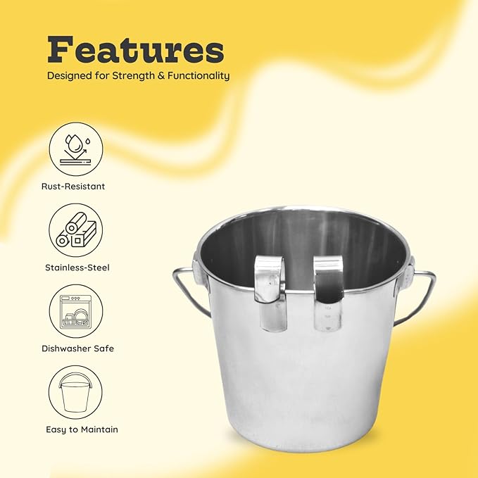 1 Quart Stainless Steel Flat Sided Pail/Dual Hooks | Hanging Bucket for Small Dogs, Cats, Birds, Rabbit, Poultry & Goats | Food & Water Bowl Fits Crates, Cages, Hutches & Farm | Pack of 4
