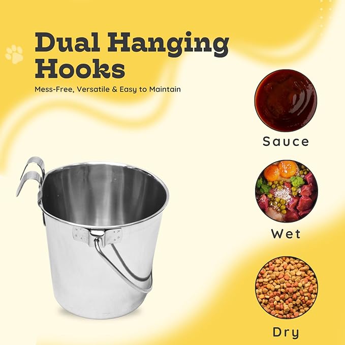 1 Quart Stainless Steel Flat Sided Pail with Dual Hooks | Hanging Bucket for Dog, Cat, Birds & Small Animals | Food & Water Bowl Fits Kennels, Crates & Cages | Multipurpose Use, Pack of 2