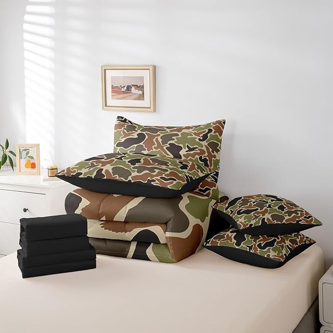 Feelyou Duck Hunter Green Camouflage Hunting 7 Pieces Bedding Set, Queen Size Black Brown All Season,Bed in a Bag with Comforter, Sheets, Pillowcases Camo Army Bed Set Breathable Wild Room Decor