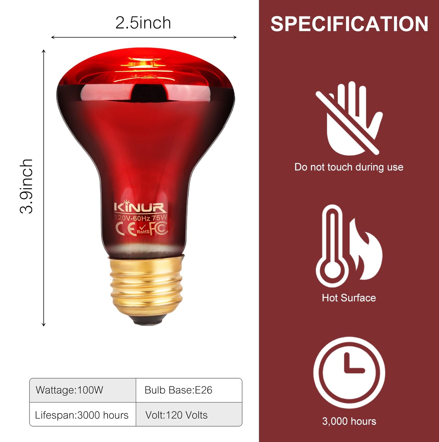 KINUR 75W Reptile Heat Lamp Bulb-Infrared Heat Emitter Red Heat Lamp for Reptile Amphibian, Infrared Basking Spot Light Bulb for Bearded Dragon,Turtle,Lizard,Snake,Gecko,Chick,Red,2 Pack