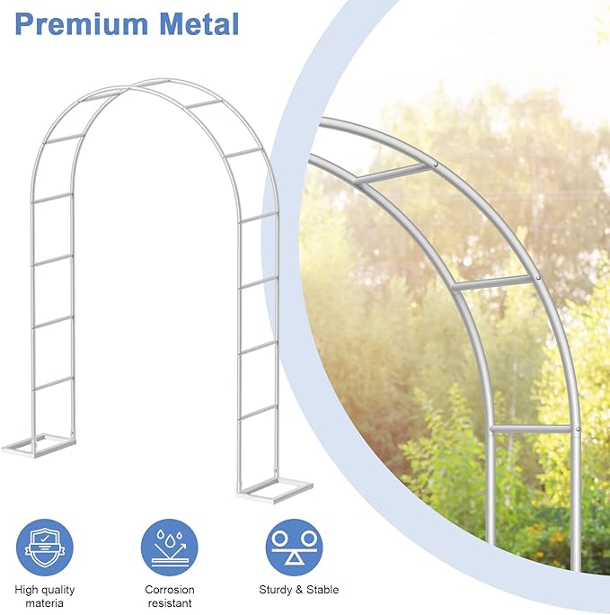 HEOMU Garden Arch Trellis, Metal Garden Arbor with Base, 5.3'W x 7.6'H or 7.9'W x 6.3'H, Assemble Freely 2 Sizes, Arch Trellis for Climbing Plants Outdoor Wedding Bridal Party Decoration, White