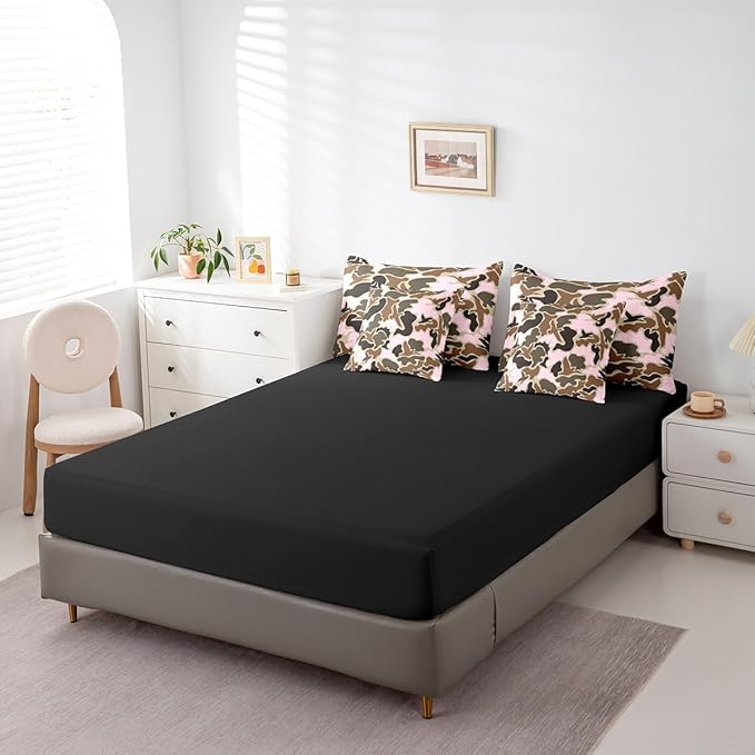 Feelyou Duck Hunter Pink Camouflage Hunting 7 Pieces Bedding Set, Queen Size Black Brown All Season,Bed in a Bag with Comforter, Sheets, Pillowcases Camo Army Bed Set Breathable Wild Room Decor