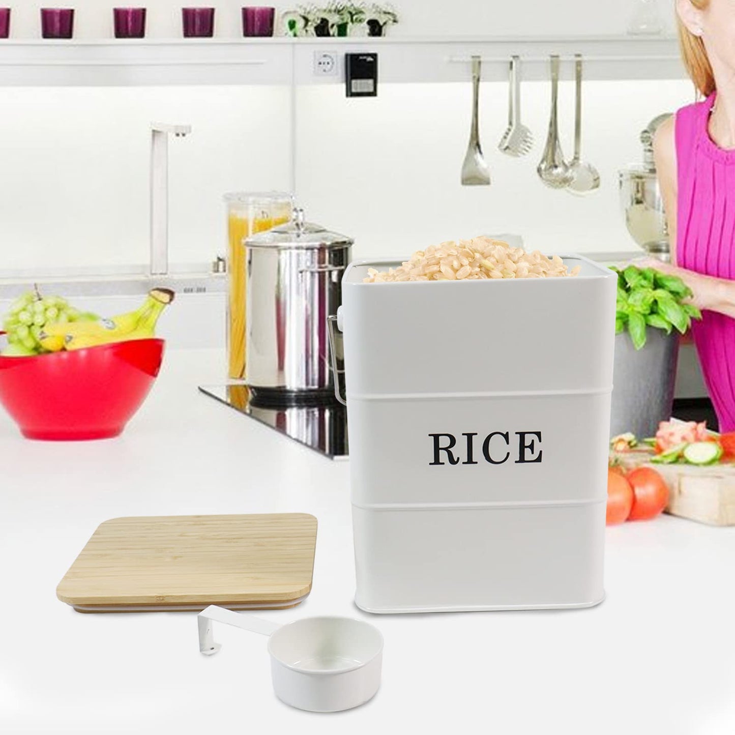 Gdfjiy Rice Container Metal Rice Storage Bin, Rice Storage Box with Airtight Bamboo Lid & Scoop, Food Storage Container for Rice Flour Soybean Grain Cereal (White)