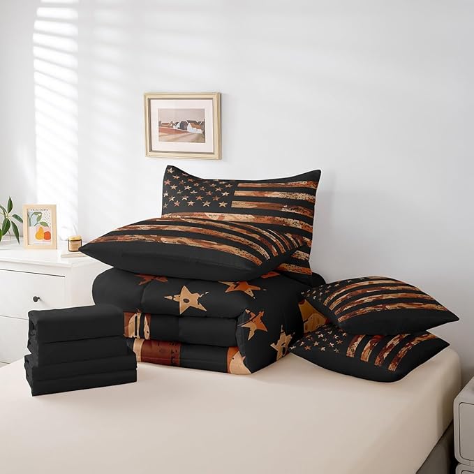 Feelyou American Flag Bedding Bed Set Set Queen Size Orange Brown Camouflage 7 Pieces Bedding Set, Boys Girls Decor Camo Stripes All Season,Bed in a Bag with Comforter, Sheets, Pillowcases Abstract