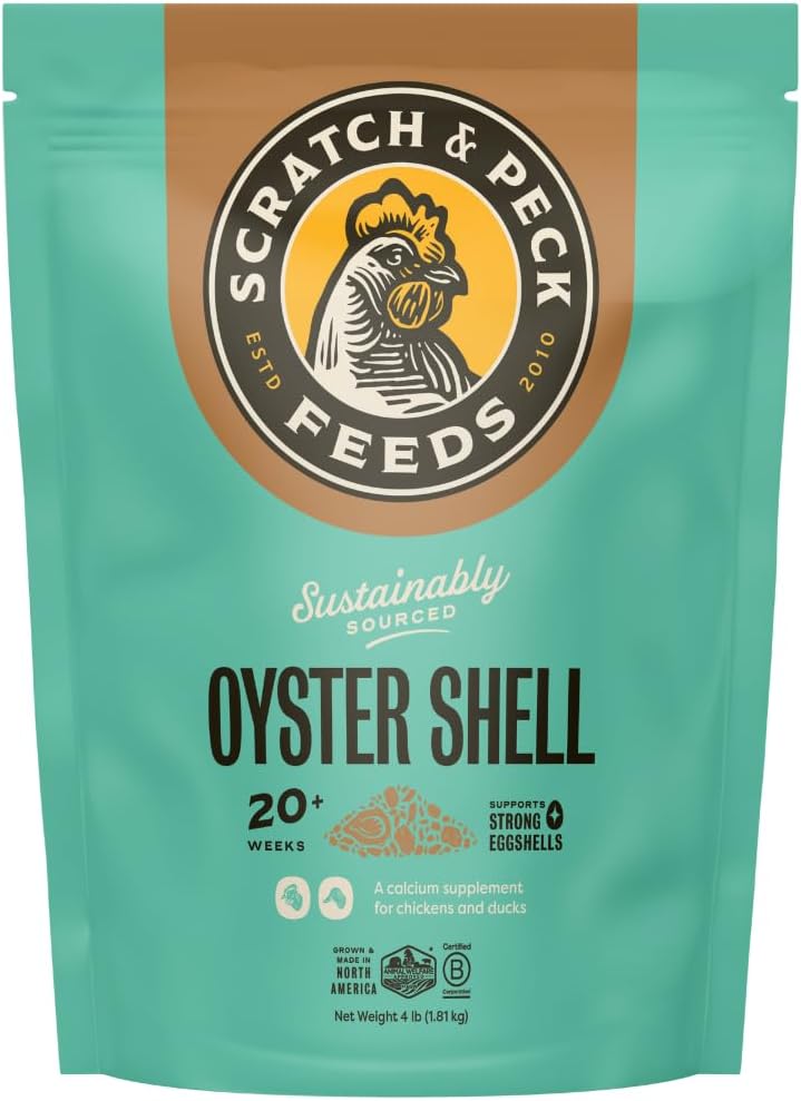 Scratch and Peck Oyster Shell Supplement - 4 lb Bag - Natural Calcium Boost for Healthy Eggshells in Chickens and Ducks, Sustainably Sourced Pure Flaked Oyster Shell
