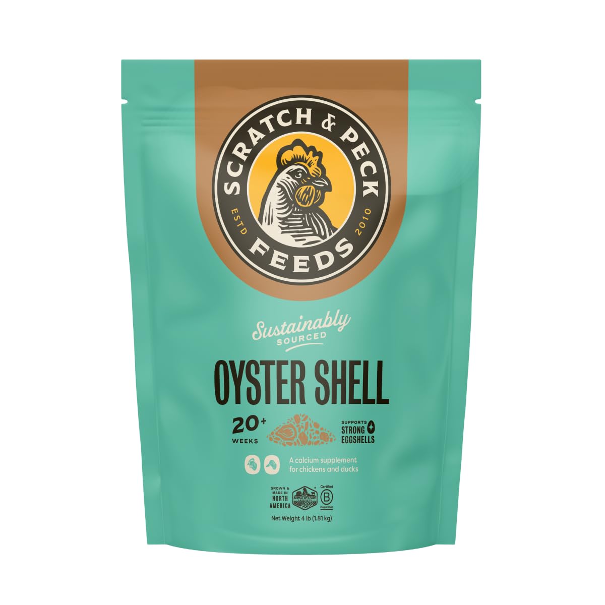 Scratch and Peck Oyster Shell Supplement - 4 lb Bag - Natural Calcium Boost for Healthy Eggshells in Chickens and Ducks, Sustainably Sourced Pure Flaked Oyster Shell