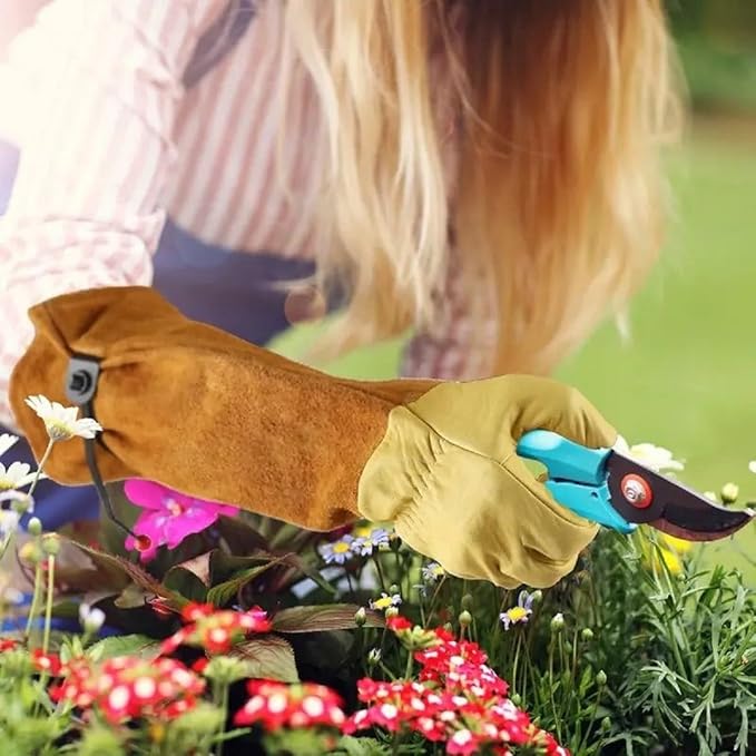 Long Gardening Gloves for Thorn Proof,Rose Pruning Cowhide Leather Garden Gloves for Cactus, Rose and Blackberry