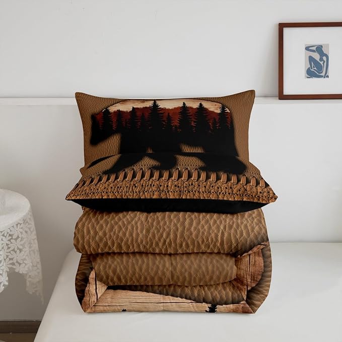 Bear Queen Comforter Set Brown Patchwork Cowhide Quilt Bedding Sets Hunting Woodland Animal Bedding Comforters For Boys Men,Wildlife Antler Duvet Insert 2 Pillow Cases Rustic Farmhouse Room Decor
