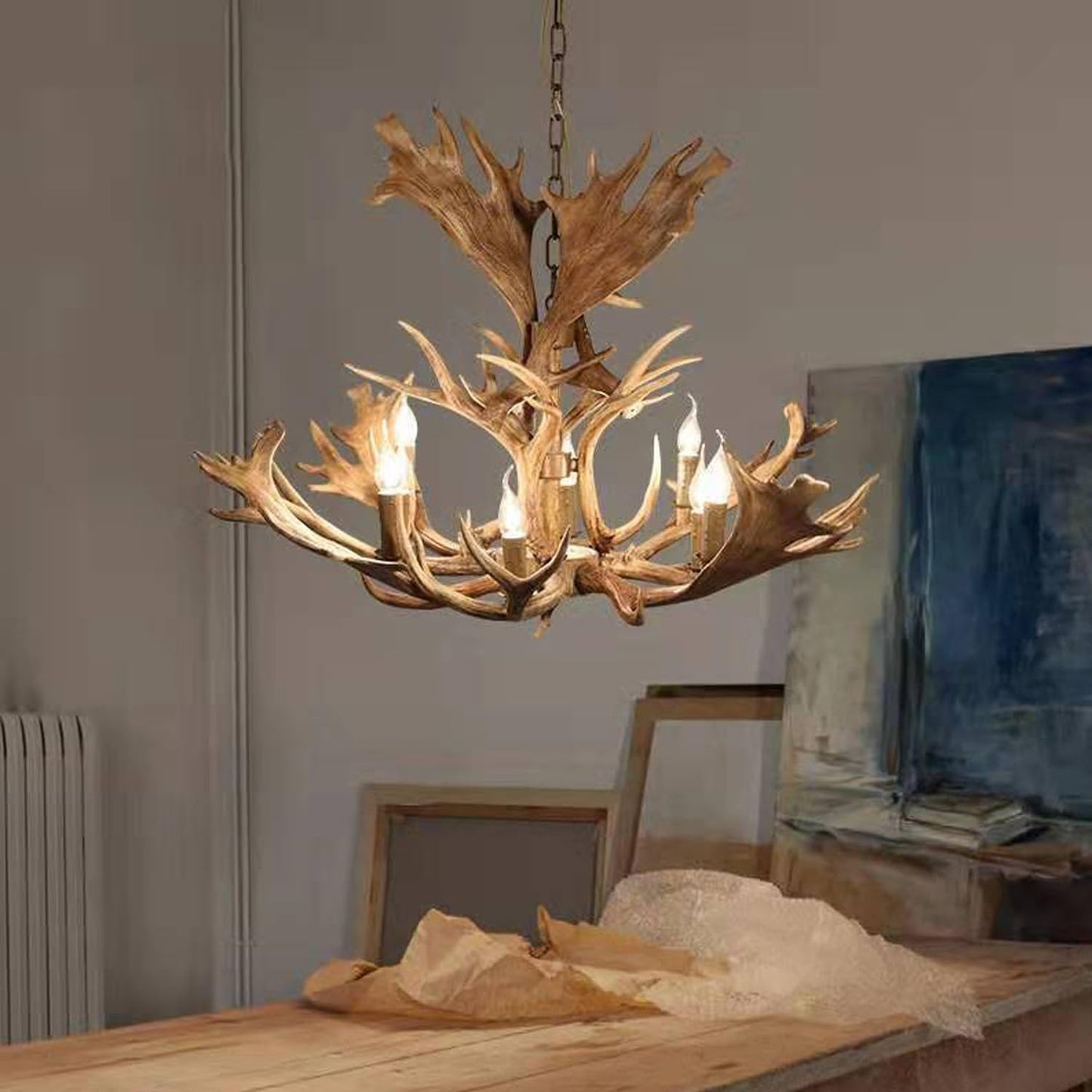 MIXL - Large Resin Deer Antler Chandelier,8-Lights Deer Horn Pendant Light,Rustic Kitchen Island Lighting,Farmhouse Style Chandelier for Hotel Dining Room and Foyer