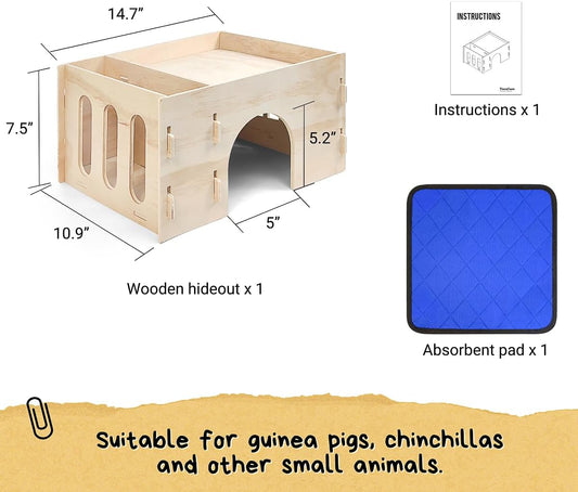 TiereCare Guinea Pig Hideout with Hay Feeder & Absorbent Mat, Wooden Chinchilla House with Multiple Window, Small Animal Hut Castle for Dwarf Rabbit