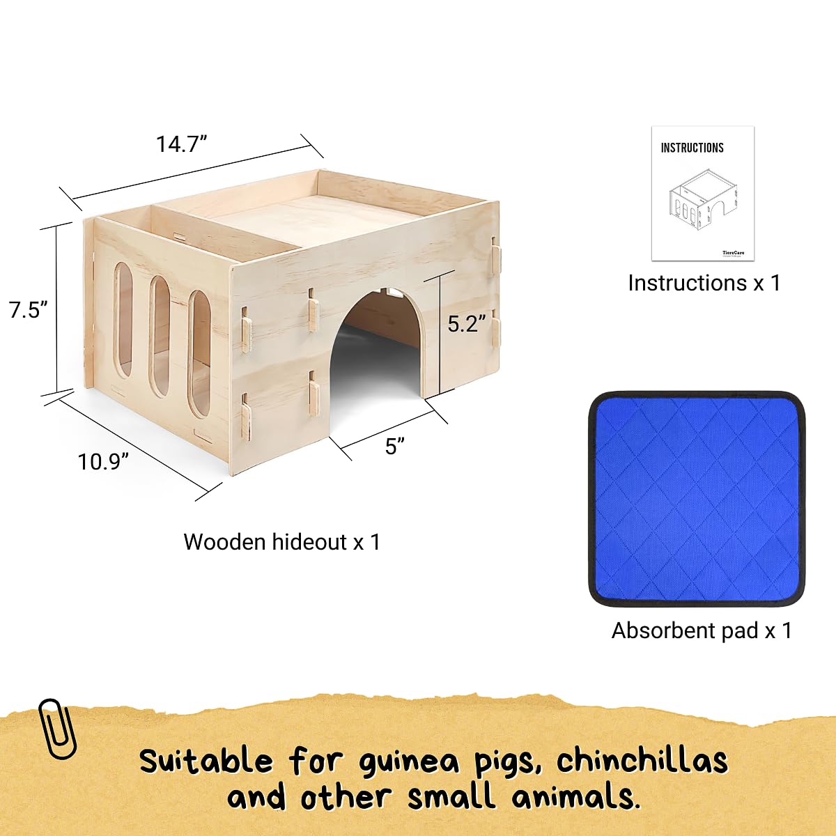 TiereCare Guinea Pig Hideout with Hay Feeder & Absorbent Mat, Wooden Chinchilla House with Multiple Window, Small Animal Hut Castle for Dwarf Rabbit