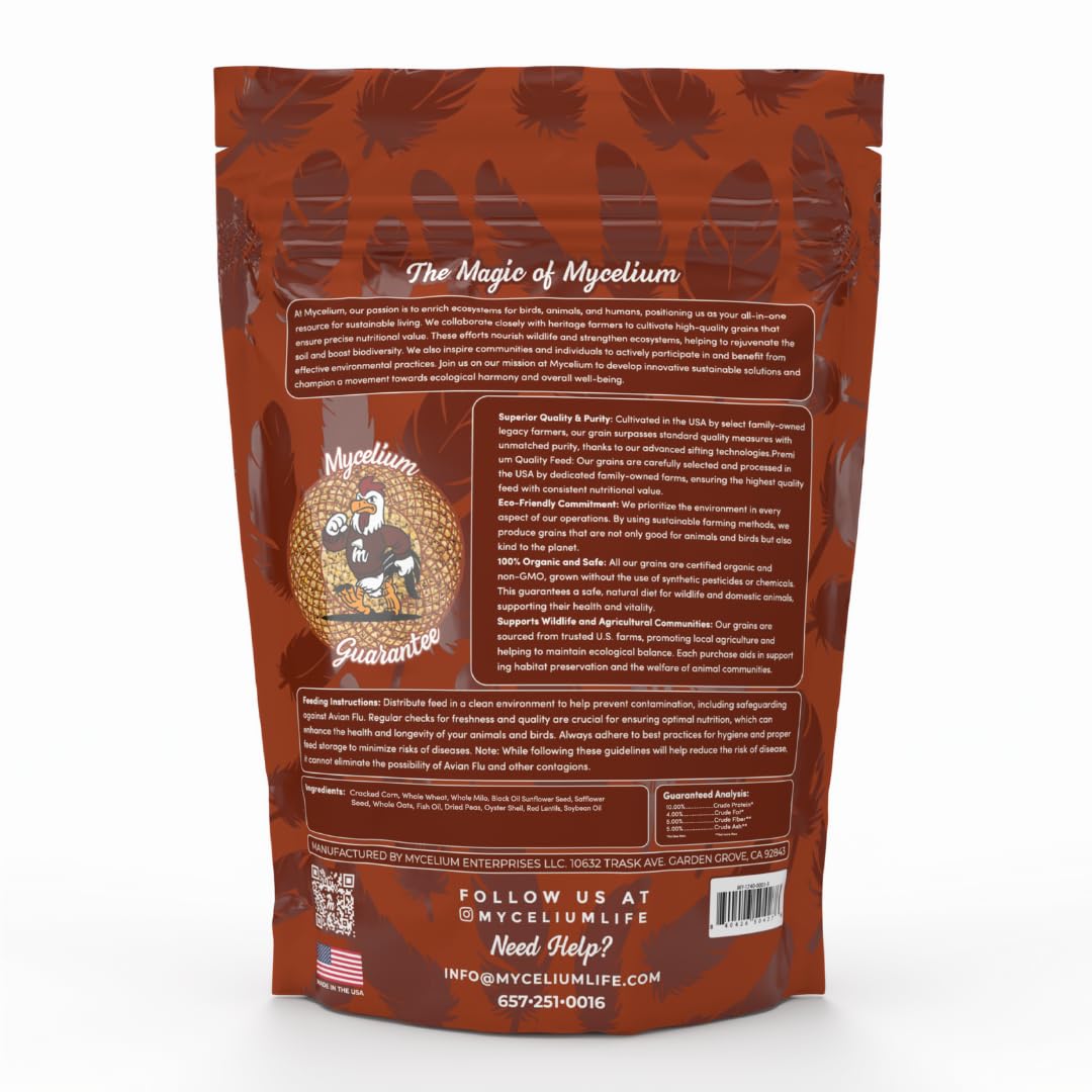 Mycelium Poultry Plus | Premium Chicken, Duck & Turkey Food with Oats, Corn, Wheat, Milo, Safflower & Peas | Supports Egg Production & Feather Health | Made in USA | 5 lb Bag