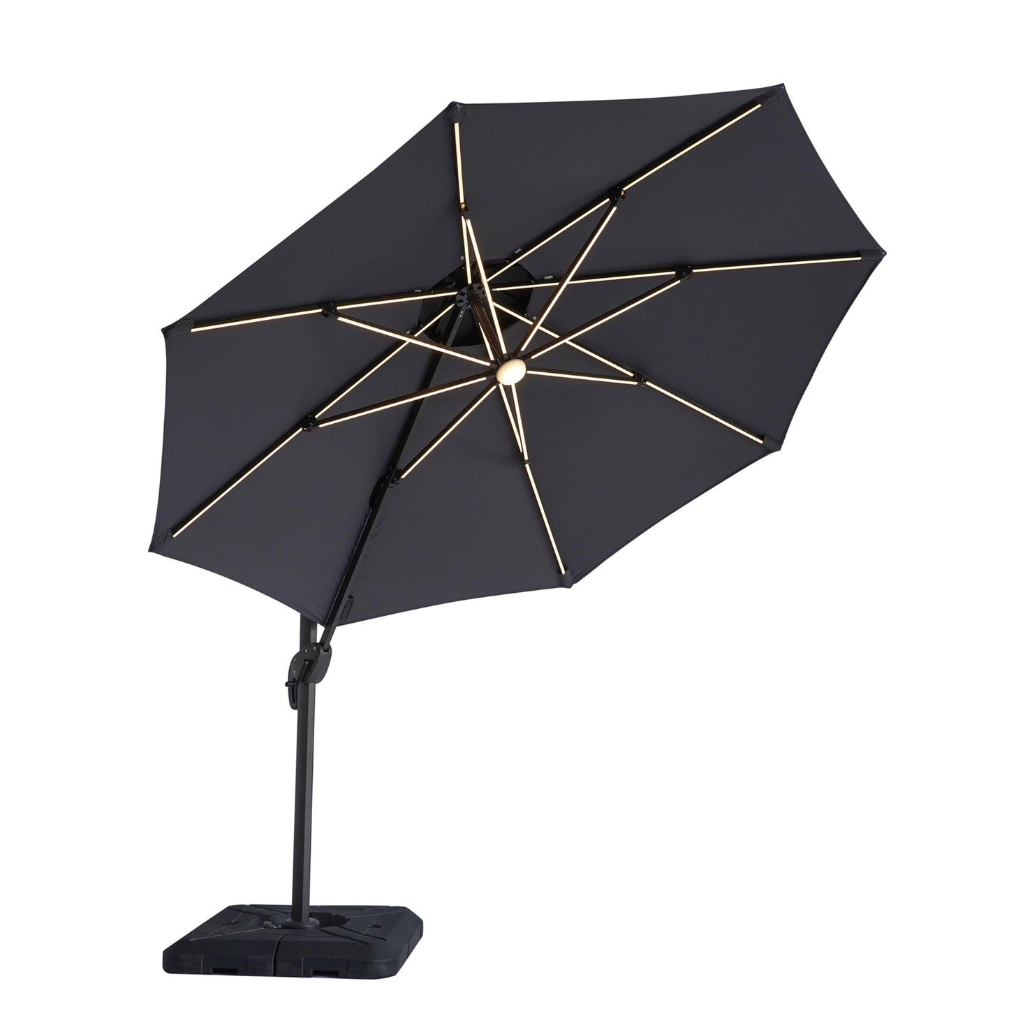 Greemotion Pire 8-foot Cantilever UV-resistant Shade Rotation Tilt Umbrella with Heavy Base and Built-in Solar Panel LED Light for Outdoor, Porch, Pool, Deck, Grey