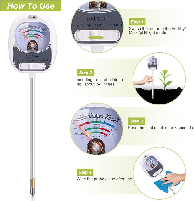 HSLGOVE 4-in-1 Soil Test Kit – Soil Moisture Meter, pH, Fertility & Sun-Light, No Battery Required, Large Dial Soil Tester for Indoor & Outdoor Gardening, Lawn, Farm – Brightwhite