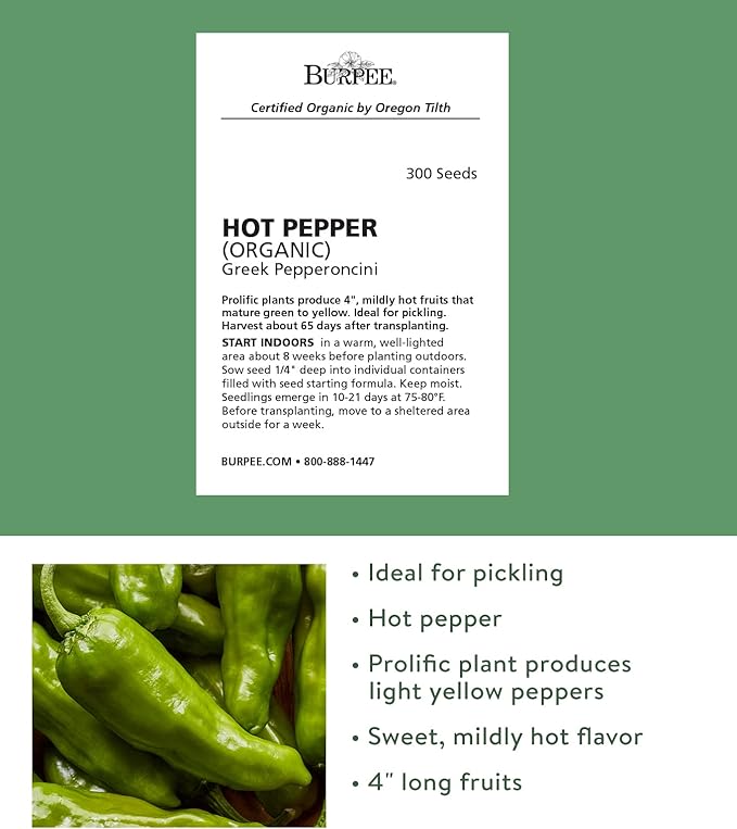Burpee Organic Pepperoncini Greek Hot Pepper Seeds | 300 Non-GMO for Planting Home Garden| Mildly Hot Light Yellow Peppers