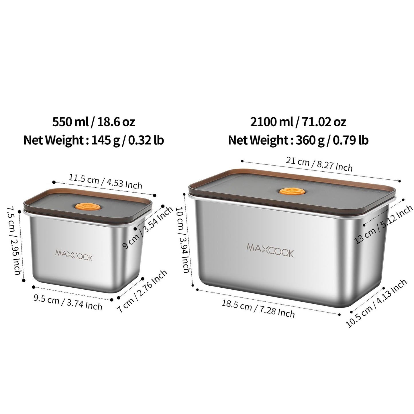 MAXCOOK Stainless Steel Food Containers with Lids, 18.6 oz & 71 oz Food Storage Container set, Metal Food Container Bento Box, Snack Container set with Lid,Dishwasher & Freezer Safe(2100 ml & 550 ml)