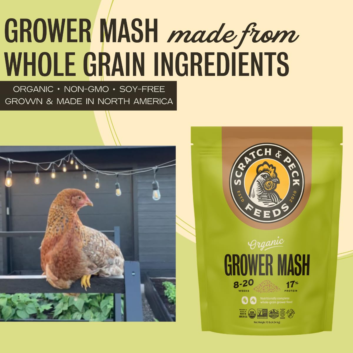 Scratch and Peck Whole Grain Grower Mash Chicken and Duck Feed - 10 lbs Bag - Corn-Free and Soy-Free - 17% Protein, Certified Organic and Non-GMO Project Verified Chicken Food