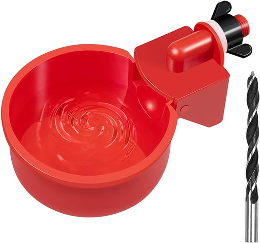 Chicken Automatic Waterer Kit for Poultry Float Style Gravity Water Feeder Drinking Cup Bowl 5 Gallon with Mounting Hole Opener, 12 Pack