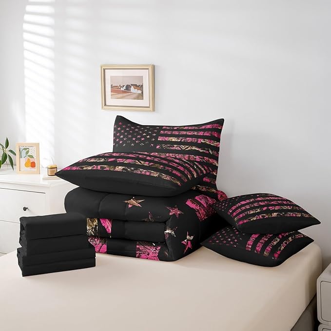 Feelyou American Flag 7 Pieces Bedding Set, Full Size Hot Pink Camouflage All Season,Bed in a Bag with Comforter, Sheets, Pillowcases Branch Hunting Bed Set Breathable Camouflage Hunter Room Decor
