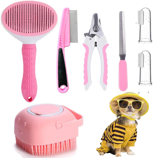 Qubccum 7 Pcs Cat Dog Brush Grooming Kits, Self-Cleaning Slicker Brush, Pet Nail Clipper and File, Flea Comb, Pet Shampoo Bath Brush, Pet Finger Toothbrush, Storage Bag (Pink)