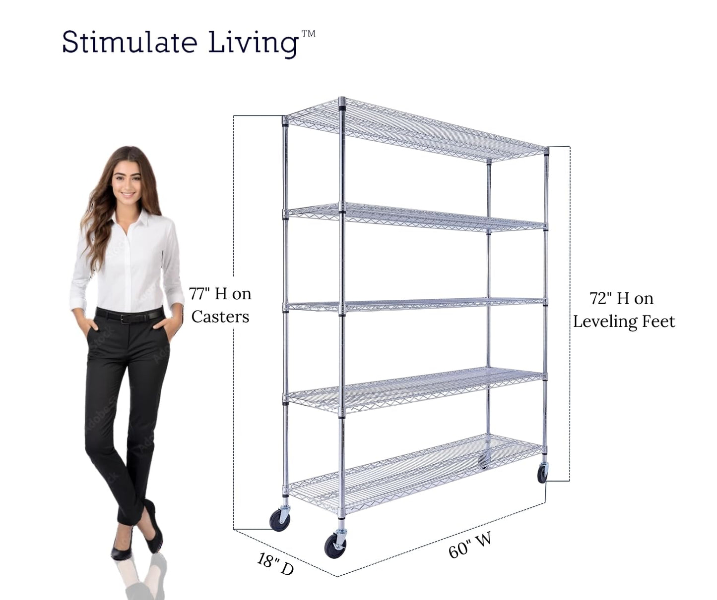 60"x18"x72" PRIME HEAVY DUTY Chrome 5-Tier Wire Shelving 4000 LBS MAX Capacity Storage Rack for Commercial, School, Home, Garage, Warehouse, Industrial, and Hospital Uses (with Wheels)