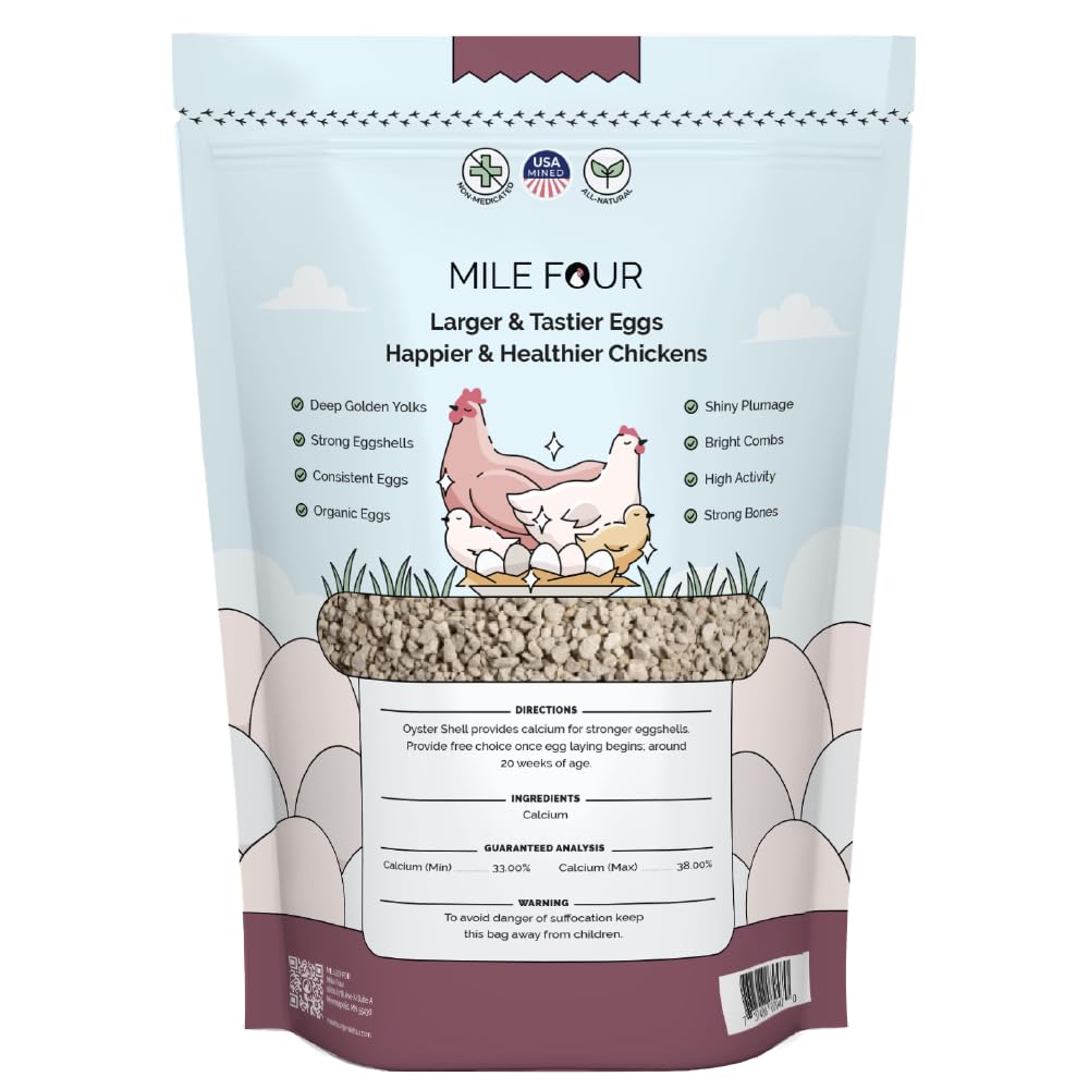 Mile Four Oyster Shell for Chickens - Calcium Supplement for Chickens, 100% Natural Limestone Calcium Carbonate, Strong Eggshell & Bone Booster, 4 lbs