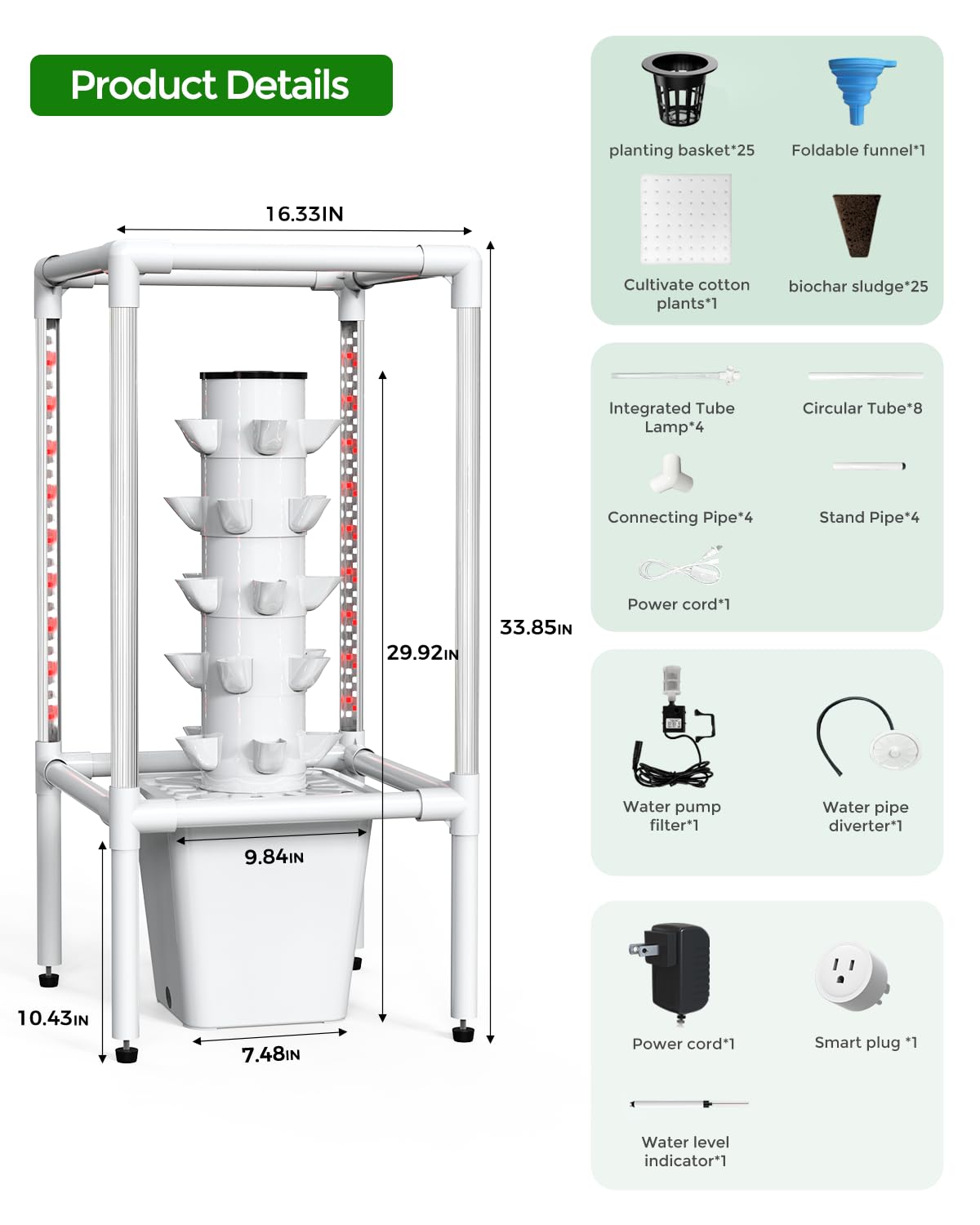 SJZX Hydroponics Growing System, Hydroponic Tower with Full-Spectrum Grow Lights, 5 Tiers Indoor Outdoor Garden Planter, Vertical Home Gardening Germination Kits for Vegetables, Fruits, Herb (25 Pods)