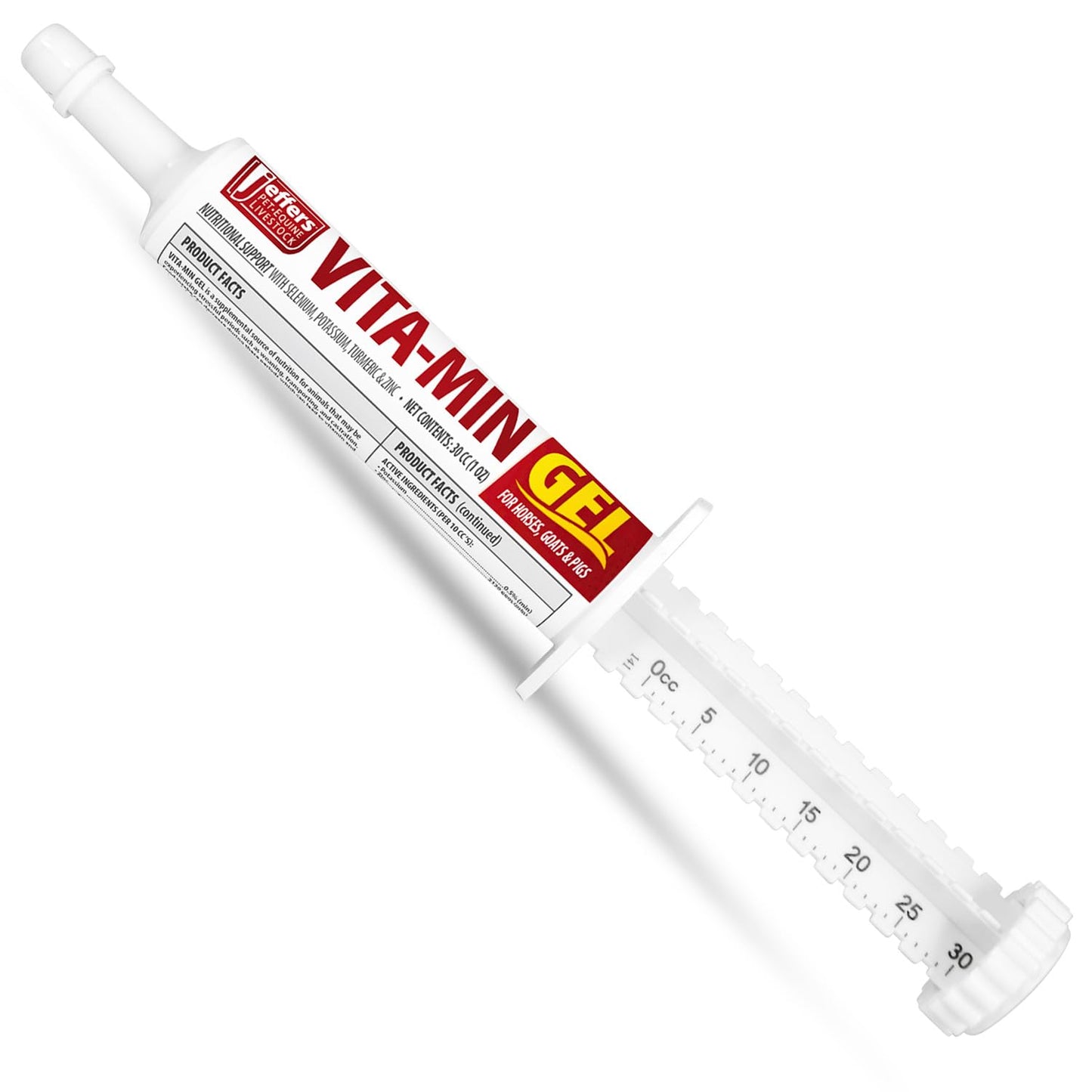 Jeffers Vita-Min Gel for Livestock & Horses – Multivitamin & Mineral Supplement with Selenium, Zinc, Potassium & Turmeric – Easy Oral Gel for Cattle, Goats, Sheep & Pig – 30 cc (1 oz) Tube