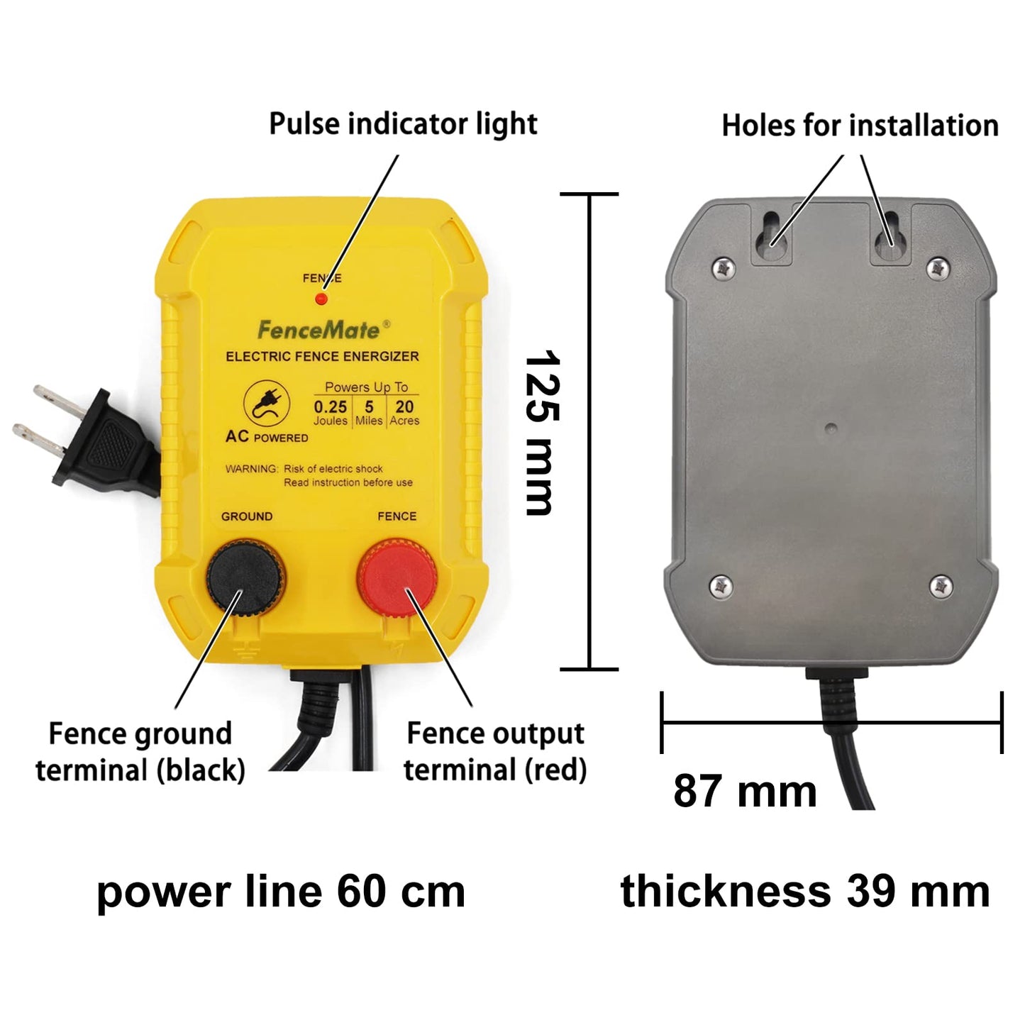 FenceMate AC Powered Electric Fence Charger Output 0.25J up to 5 Miles to Contain Small Pet, Poultry, Keep Rodent & Nuisance Animals Out, Used in Homestead, Garden, Pond, Fence Energizer up to 6 kV