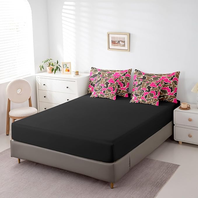 Feelyou Duck Hunter Hot Pink Camouflage Hunting 7 Pieces Bedding Set, King Size Black Brown All Season,Bed in a Bag with Comforter, Sheets, Pillowcases Camo Army Bed Set Breathable Wild Room Decor
