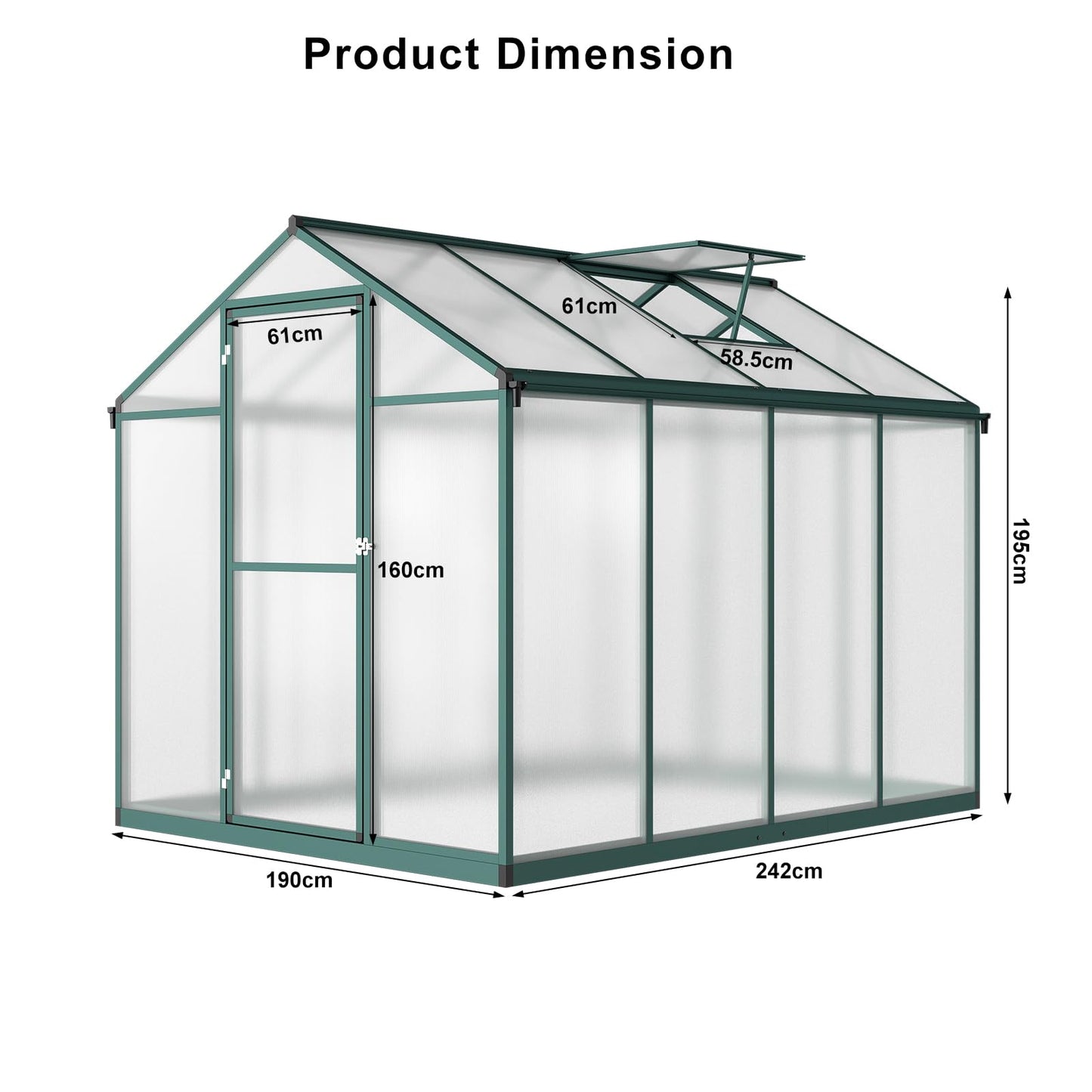 Garvee 6x8 FT Greenhouse for Outdoors, Polycarbonate Greenhouse with Quick Setup Structure and Roof Vent, Aluminum Large Walk-in, for Outside Garden Backyard, Green