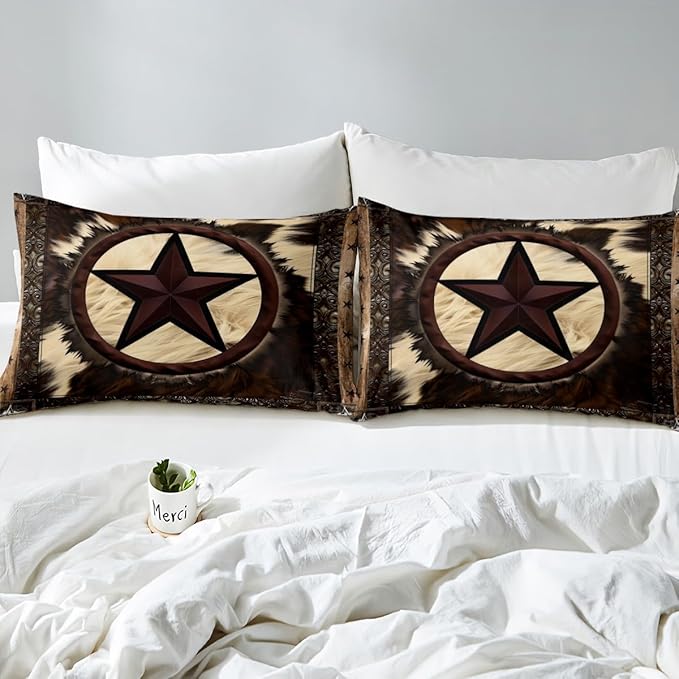 Cow Sheet Set Twin for Rustic Decor,Western Texas Star Bed Sheets for Cowboy Cowgirl,Vintage Cowhide Bedding Set,Farmhouse Highland Cow Fitted Sheet + Flat Sheet + 1 Pillowcase Bedroom Decor