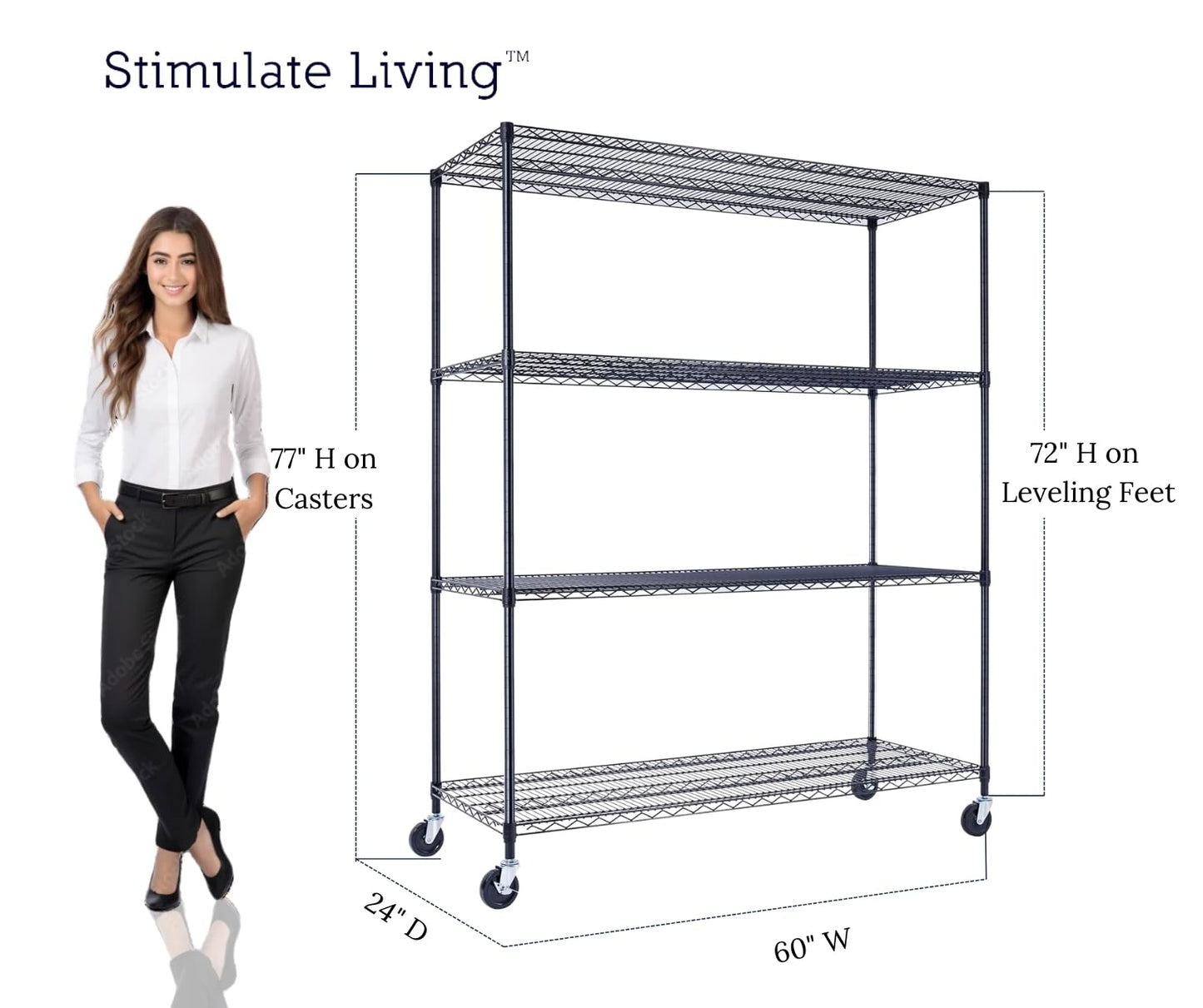 60"x24"x72" PRIME HEAVY DUTY Black 4-Tier Wire Shelving NSF 2400 LBS MAX Capacity Storage Rack for Commercial, School, Home, Garage, Warehouse, Industrial, and Hospital Uses (with Wheels)