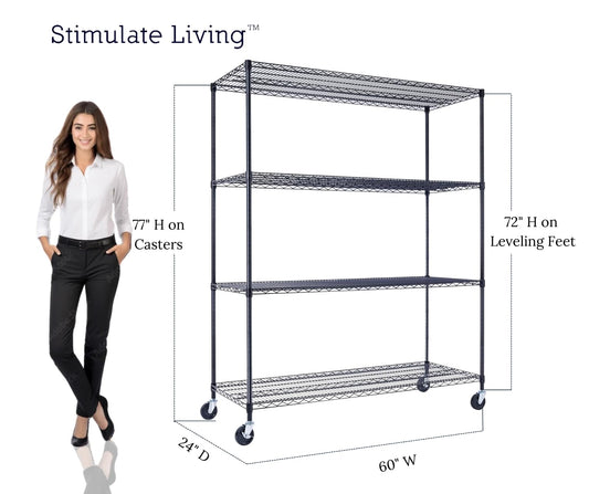 60"x24"x72" PRIME HEAVY DUTY Black 4-Tier Wire Shelving NSF 2400 LBS MAX Capacity Storage Rack for Commercial, School, Home, Garage, Warehouse, Industrial, and Hospital Uses (with Wheels)