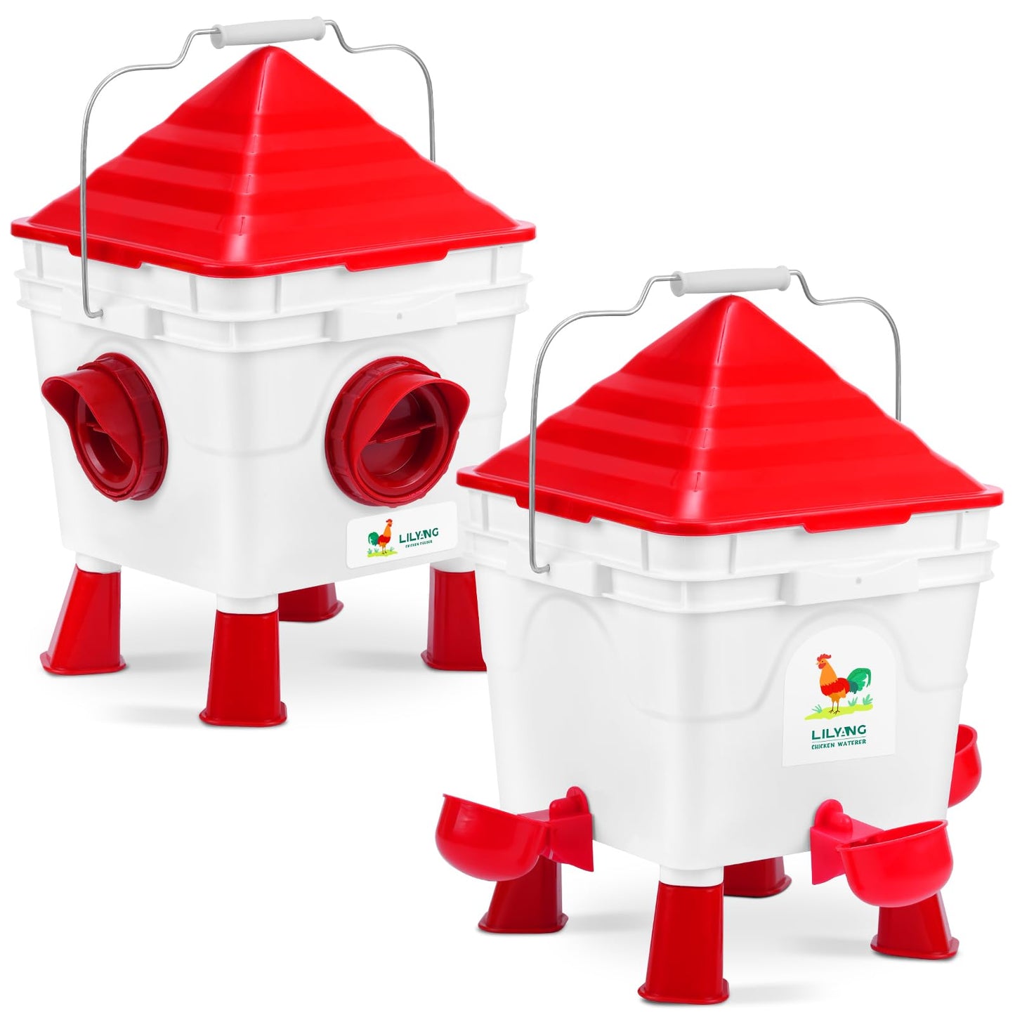 Lilyang Standing Chicken Feeders and Chicken Waterers, 2.5 Gallon Chicken Water Feeder with 4 Cups, 13.5 lb Automatic Chicken Feeder No Waste, for 8-10 Adult Chickens or 10-15 Quails (Standing)