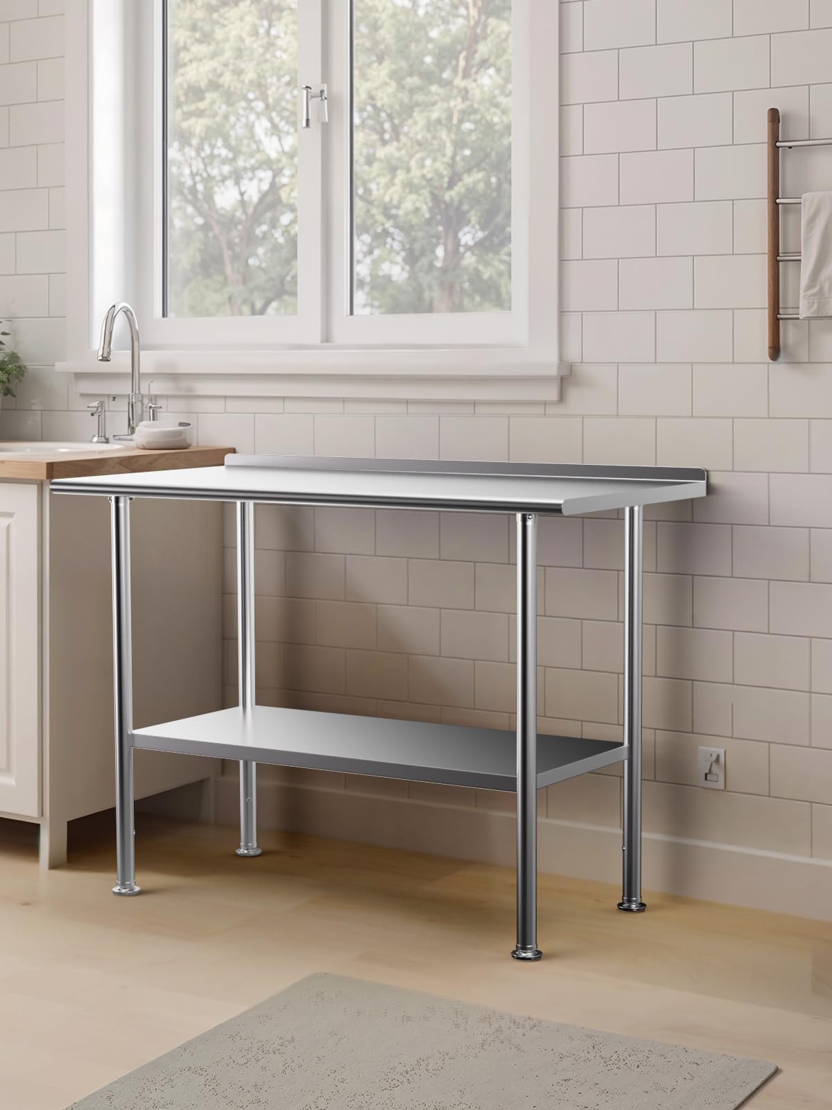 Atelicf All-Stainless Steel Prep Table, 30 X 48 Inches, with Rounded-Corner Backsplash and Adjustable Undershelf, Heavy-Duty for Outdoor Use,Restaurants,Hotels,Workshops,Kitchens,Gardens, and Garages