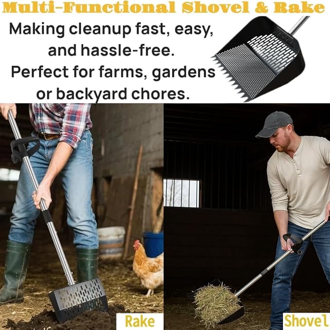 Chicken Shovel Poop Scooper & Rake 2-in-1,Metal Coop Scoop for Sand with 24"–63.7" Adjustable Stainless Steel Handle,Ergonomic Grip Litter Sifting Shovel for Pooper Cleaning,Farm-Honeycomb
