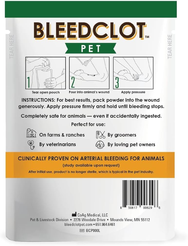 BleedClot Pet First Aid Blood Clotting Powder | The Best for All Animals to Stop Bleeding, Guaranteed | for Minor Cuts and Severe Arterial Bleeding | from The Makers of BleedStop (4 Pouches (0.5 oz))
