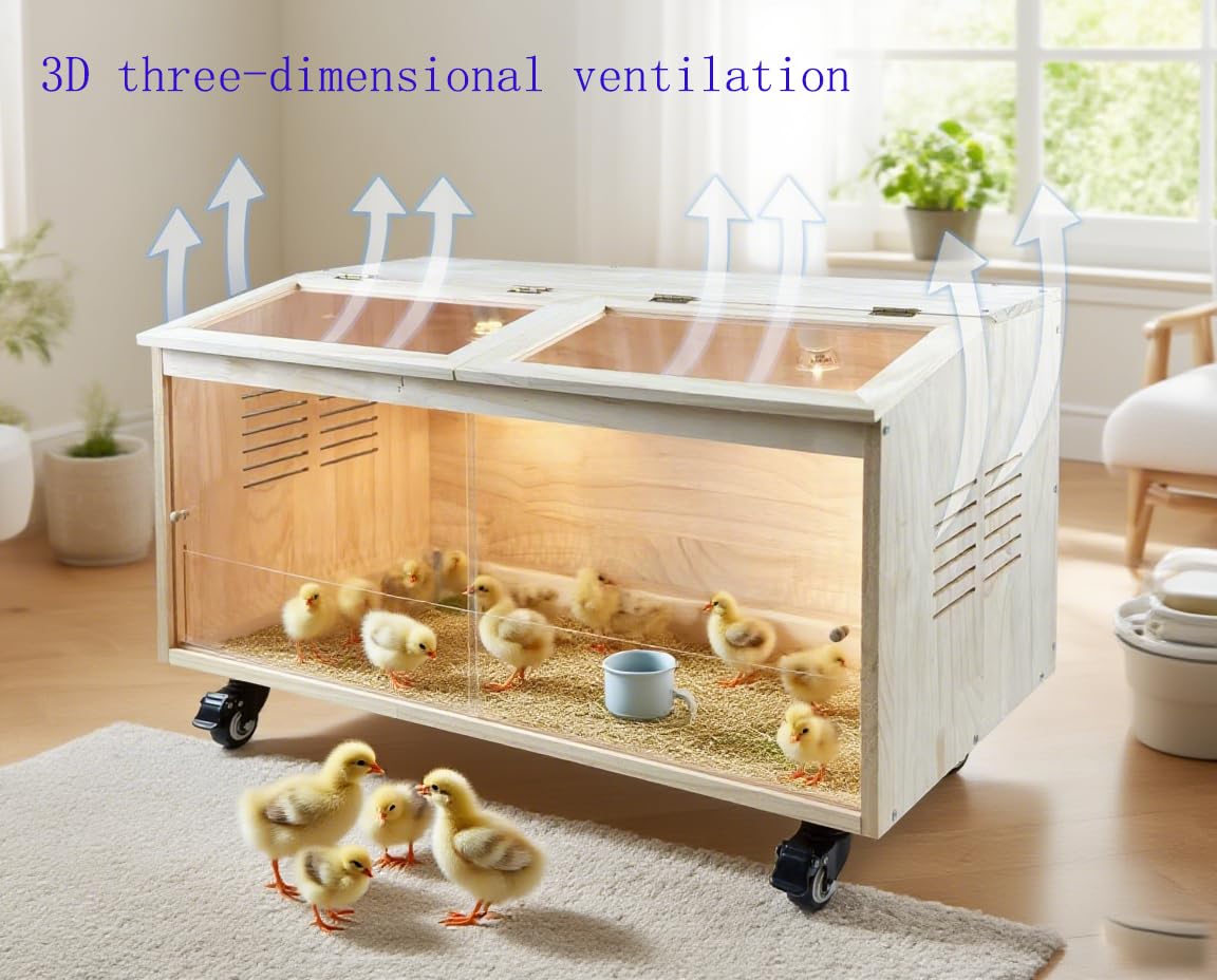 Brooder Box for Chicks Pine Wood Chicken brooder Box with Thermostat & Heating Lamp & Brake Casters，Solid Panels Chick brooder for Chicks, Ducklings, Hamsters, Guinea Pigs - Chew-Proof (40x20x20 in)