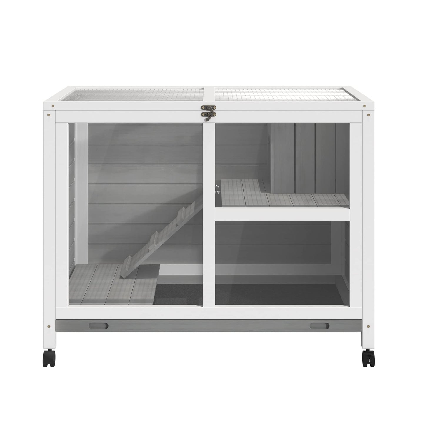 PawHut Rabbit Hutch with Wheels, Desk and Side Table Sized, Wooden Rabbit Cage, Waterproof Small Bunny Cage with Removable Tray, Openable Roof, for Indoor & Outdoor, Gray