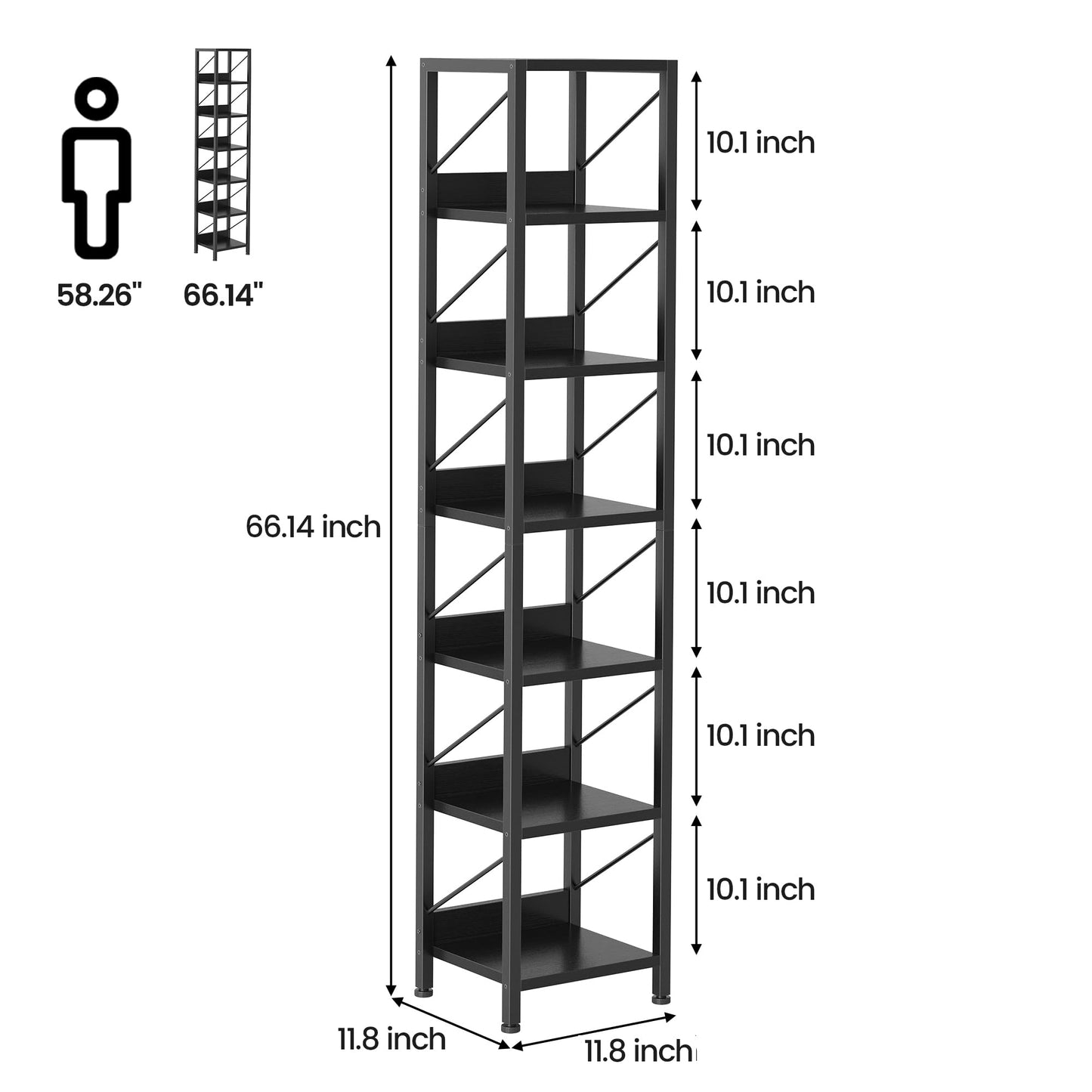 IDEALHOUSE Narrow Bookshelf Tall Skinny Bookcase 6 Tier Storage Rack Rustic Corner Shelf Metal Frame Small Freestanding Bookshelves Industrial Display Stand for Bedroom, Living Room, Home Office