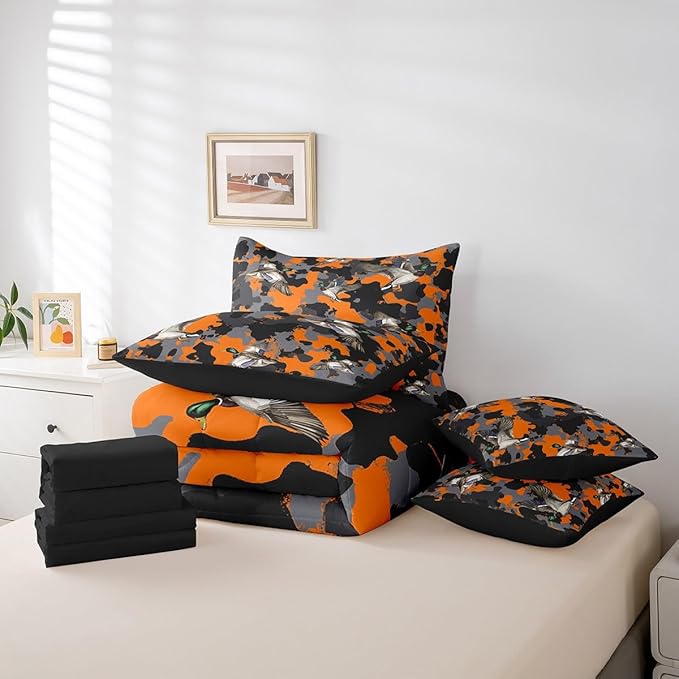 jejeloiu Orange Mallard Duck Comforter Set with Sheets Full Size Kids Wild Duck Hunting Bed in a Bag for Boys Camouflage Camo Military Style Hunting Wild Animal 7 Pieces Bedding Set Soft Room Decor