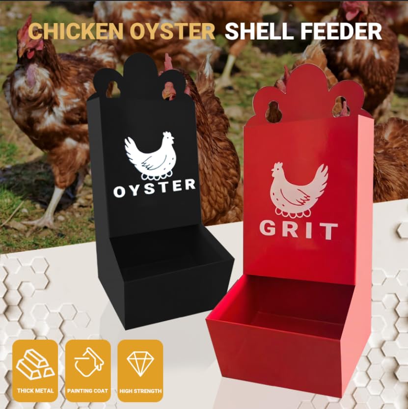 Chicken Oyster Shell Feeder and Grit Feeder Metal Chicken Feeder Chicken coop Accessories Automatic Chicken Feeder (Black & Red)