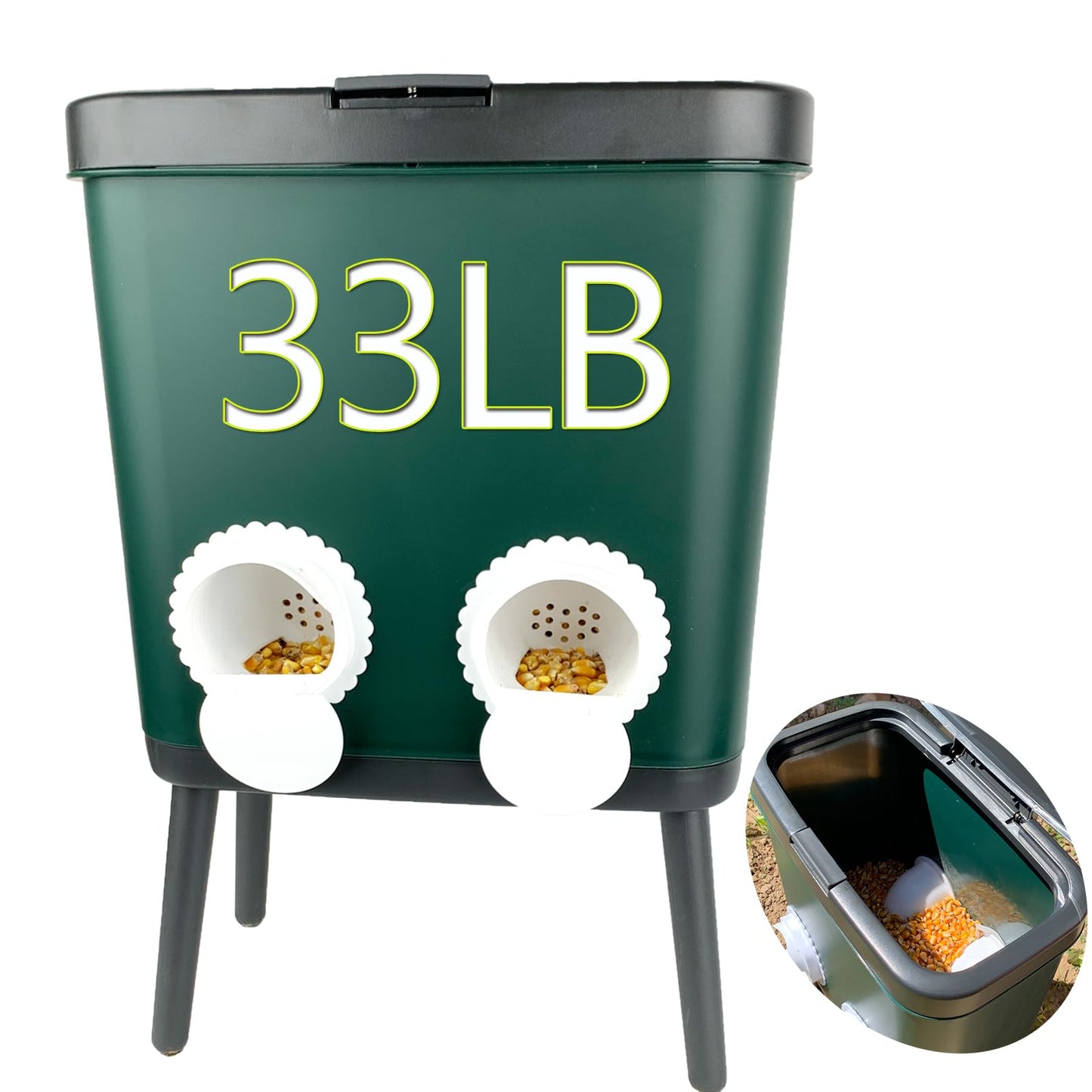 33 LB Automatic Chicken Feeder No Waste with 4 Pcs Port Large Capacity Free-Standing Poultry Food Feeder Outside and Indoor DIY Gravity Poultry Feeding Dispenser for Chicken Geese Quails and Turkeys